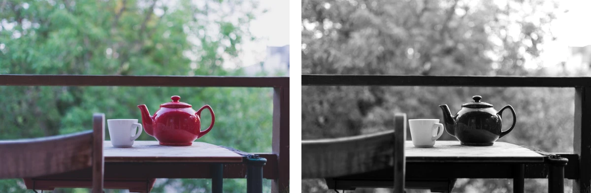 Two versions of a photo of a red teapot and a white mug on a table: in colour, and in black and white.