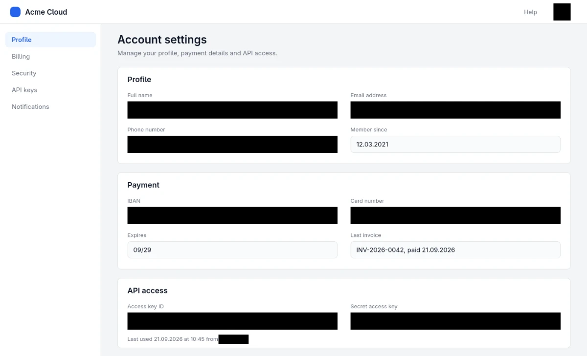 A screenshot of account settings with black boxes over the name, the email address, the phone number, the IBAN, the card number, the IP address, both API keys and the avatar's initials.