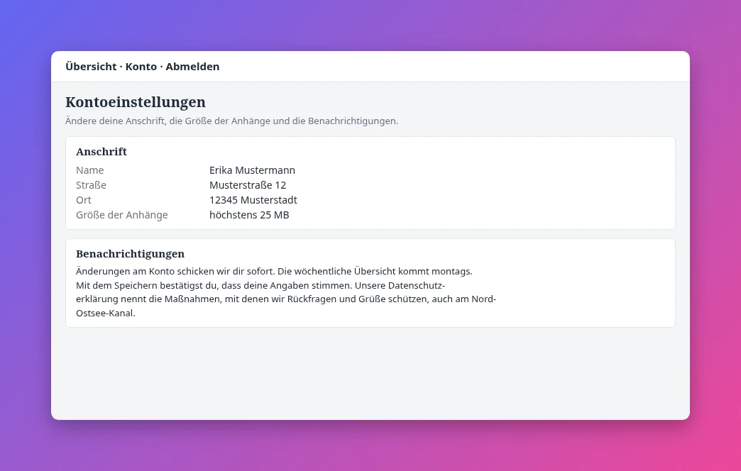 Screenshot einer Kontoseite auf einem Farbverlauf von Indigo nach Pink, mit runden Ecken und Schatten.