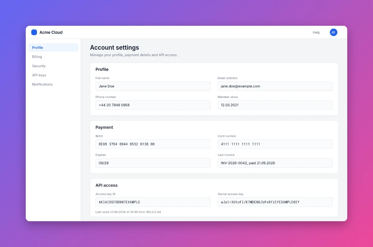 A screenshot of account settings on an indigo to pink gradient, with rounded corners and a shadow.