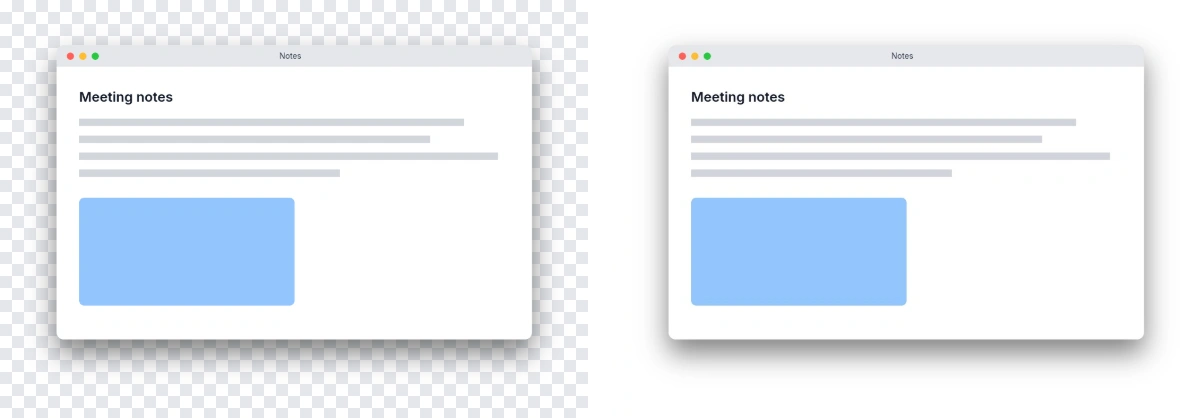 Two images side by side: a window with rounded corners and a soft shadow on a checkerboard that stands for transparency, and the same window on white.